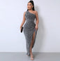 Liu Ming High End Sexy One Shoulder Backless Club Party High Split Sleeveless Elegant Sequin Long Bodycon Dress for Women