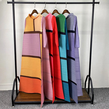Miyake Pleated New Summer Loose European Contrast Color Women's Casual Long Dress