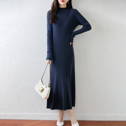 Autumn and Winter Women's Mid Length Knee Length Sweater Dress Semi High Collar Bottom A-line Knitted Dress