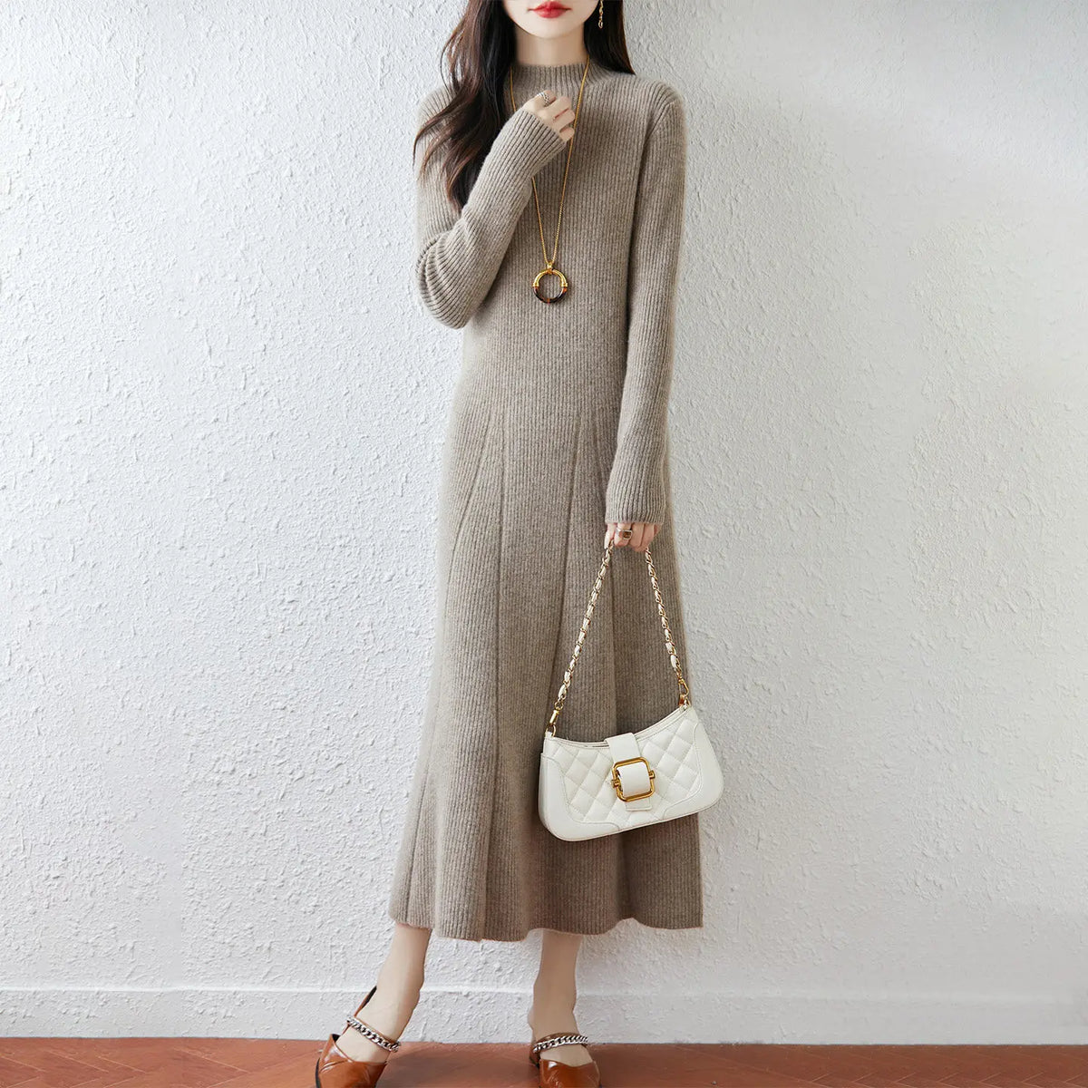 Autumn and Winter Women's Mid Length Knee Length Sweater Dress Semi High Collar Bottom A-line Knitted Dress