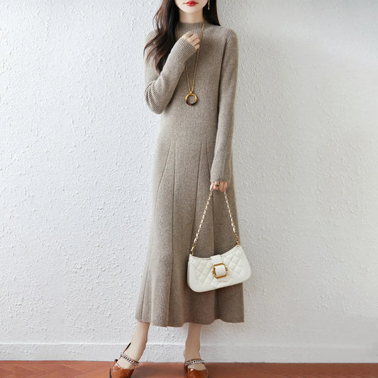 Autumn and Winter Women's Mid Length Knee Length Sweater Dress Semi High Collar Bottom A-line Knitted Dress