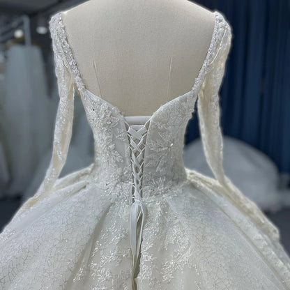 Jancember LSB062 Exquisite V-neck Long Sleeves Lace up Ball Wedding Dress 2023