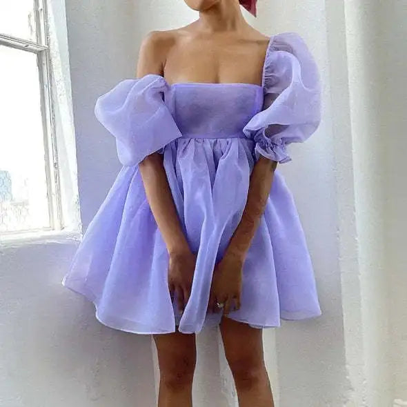 Short Puff Sleeve Cute Style Women Girls Dress Square Neck Low Cut High Waist Tulle Tutu Ball Gown Mini Dresses