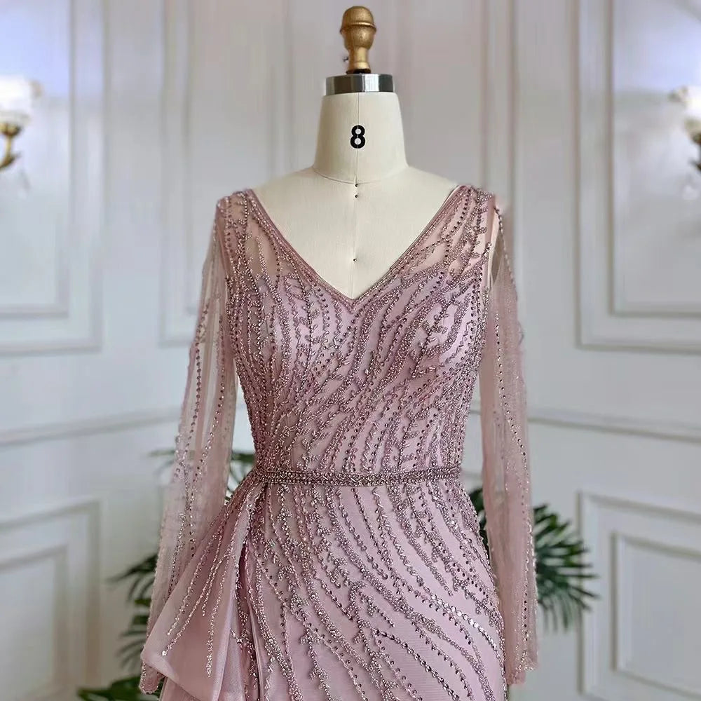 Feishiluo  Luxurious Split Mermaid Evening Dress  Sexy V-neck  Handmade Beaded Prom Dress