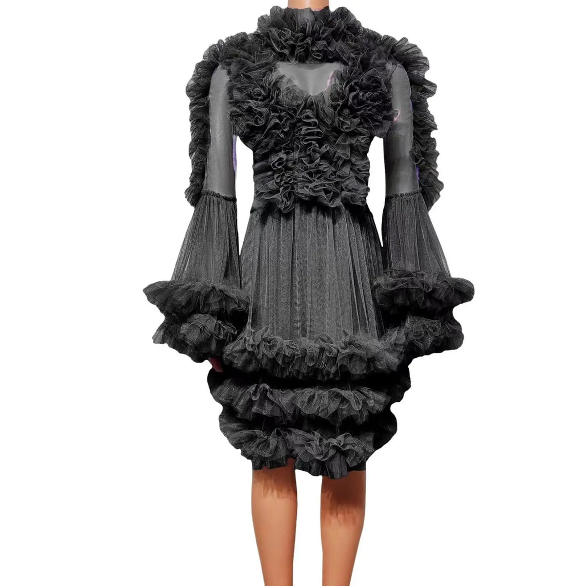Elegant Pagoda Sleeve Mesh Ruched Ball Gown Lady Wedding Prom Dress Sexy Short Club Party Dress Women Birthday Princess Dress
