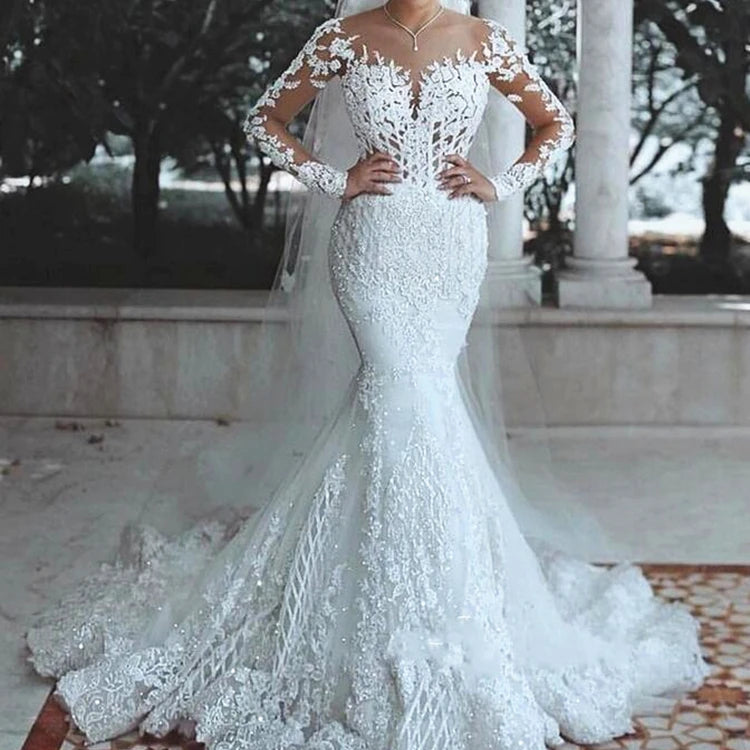 FA250 Sparkly Lace Wedding Dress Mermaid Illusion Bodice Vestido De Noiva Long Sleeve Sheer Neck Appliques Bridal Gowns