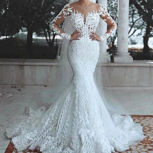 FA250 Sparkly Lace Wedding Dress Mermaid Illusion Bodice Vestido De Noiva Long Sleeve Sheer Neck Appliques Bridal Gowns