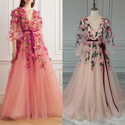 14252# Real Photos Romantic Long Sleeves V Neck 3D Flowers Tulle A-line Prom Evening Dress Wedding Party Gown for Women