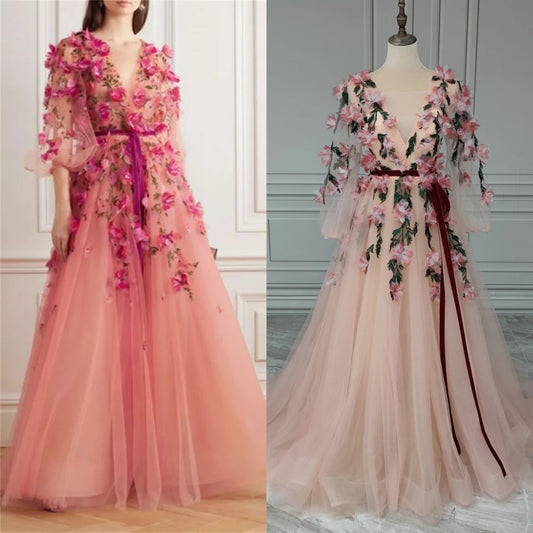14252# Real Photos Romantic Long Sleeves V Neck 3D Flowers Tulle A-line Prom Evening Dress Wedding Party Gown for Women