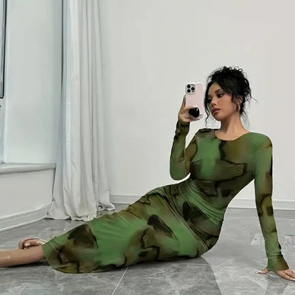 BR6013 Women's Vintage Printed Stretchy Dress Empire Waist Crew Neck Long Skirt Anti-Static Polyester Spandex