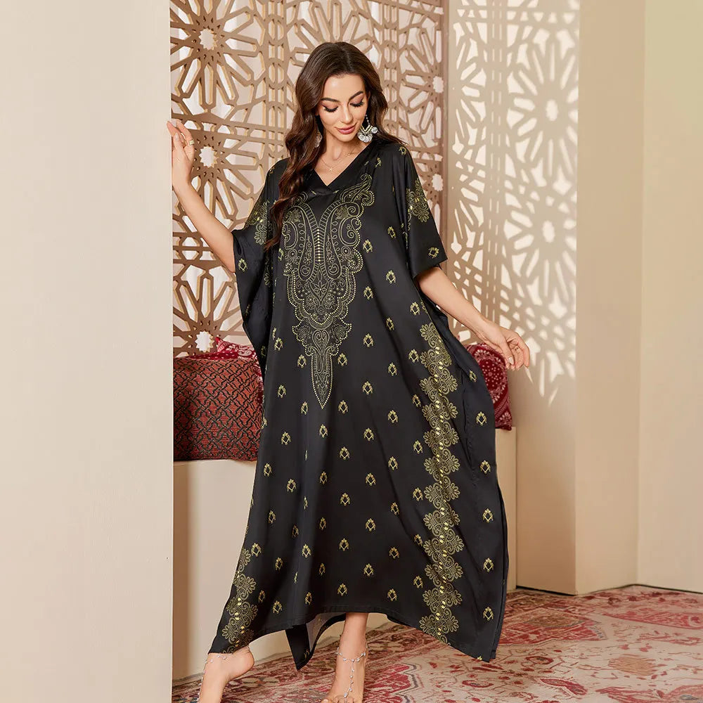 2026 New Satin Printed Abaya Women Traditional Islamic Clothing Long Robe Modest Muslim Dress