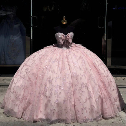 Mumuleo Sleeveless Crystal Vestidos De 15 Anos Pink Quinceanera Dress Sweetheart Neck Glitter Sequin Sweet 15 Gowns With Bow