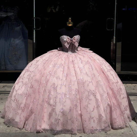 Mumuleo Sleeveless Crystal Vestidos De 15 Anos Pink Quinceanera Dress Sweetheart Neck Glitter Sequin Sweet 15 Gowns With Bow