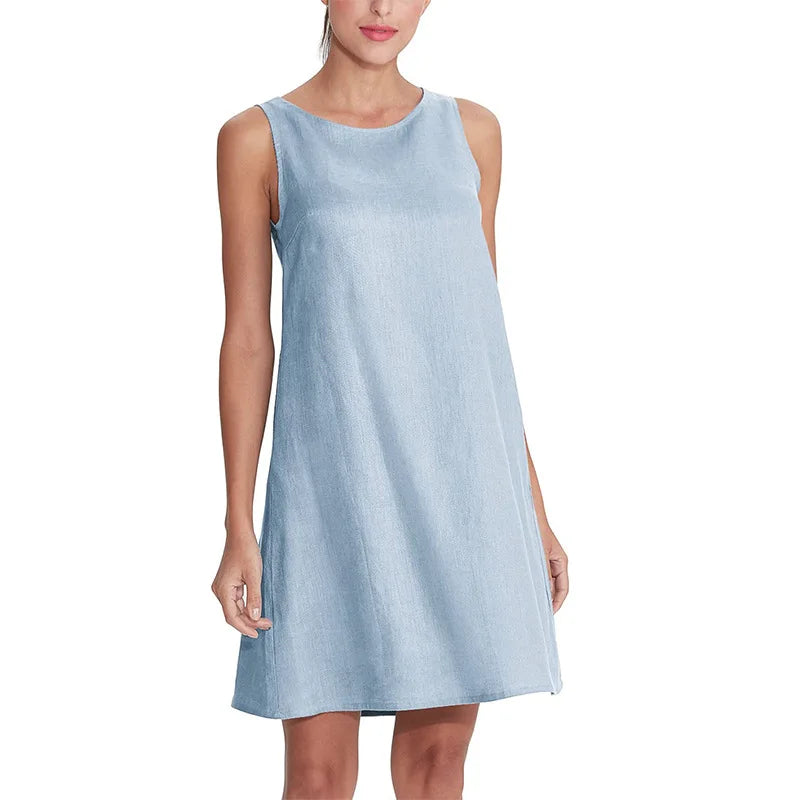 100% Linen O-Neck A-line Casual Sleeveless Loose Pockets Dress for Women