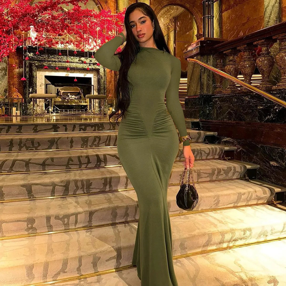 Hot Sale 2025 Summer Slim Fit Long Sleeve Dress Women Casual Round Neck Ruffles Dress Wholesale