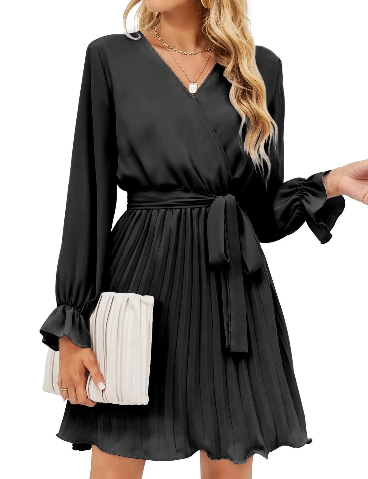 Elegant Casual V-Neck Pleated Mini Dress with Belt Women's Long Sleeve Fashion Dress Solid Pattern Natural Waistline