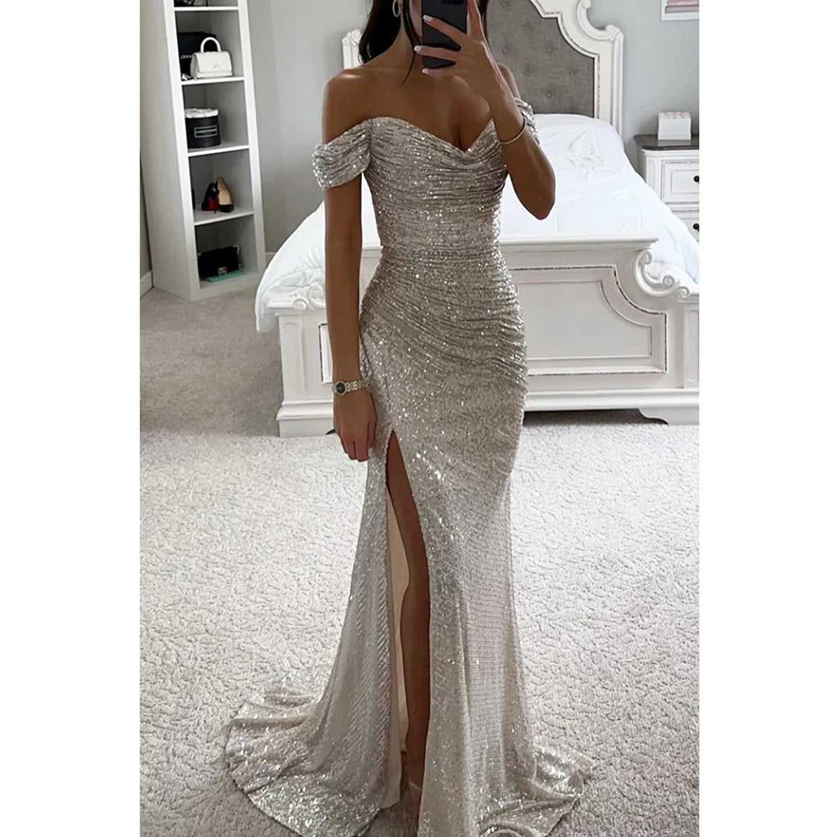 Women's Gold Mermaid Sequined Evening Party Dress Bling Prom Gown Off Shoulder Formal Wear for Summer Seasons Long Dress