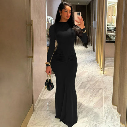 Hot Sale 2025 Summer Slim Fit Long Sleeve Dress Women Casual Round Neck Ruffles Dress Wholesale