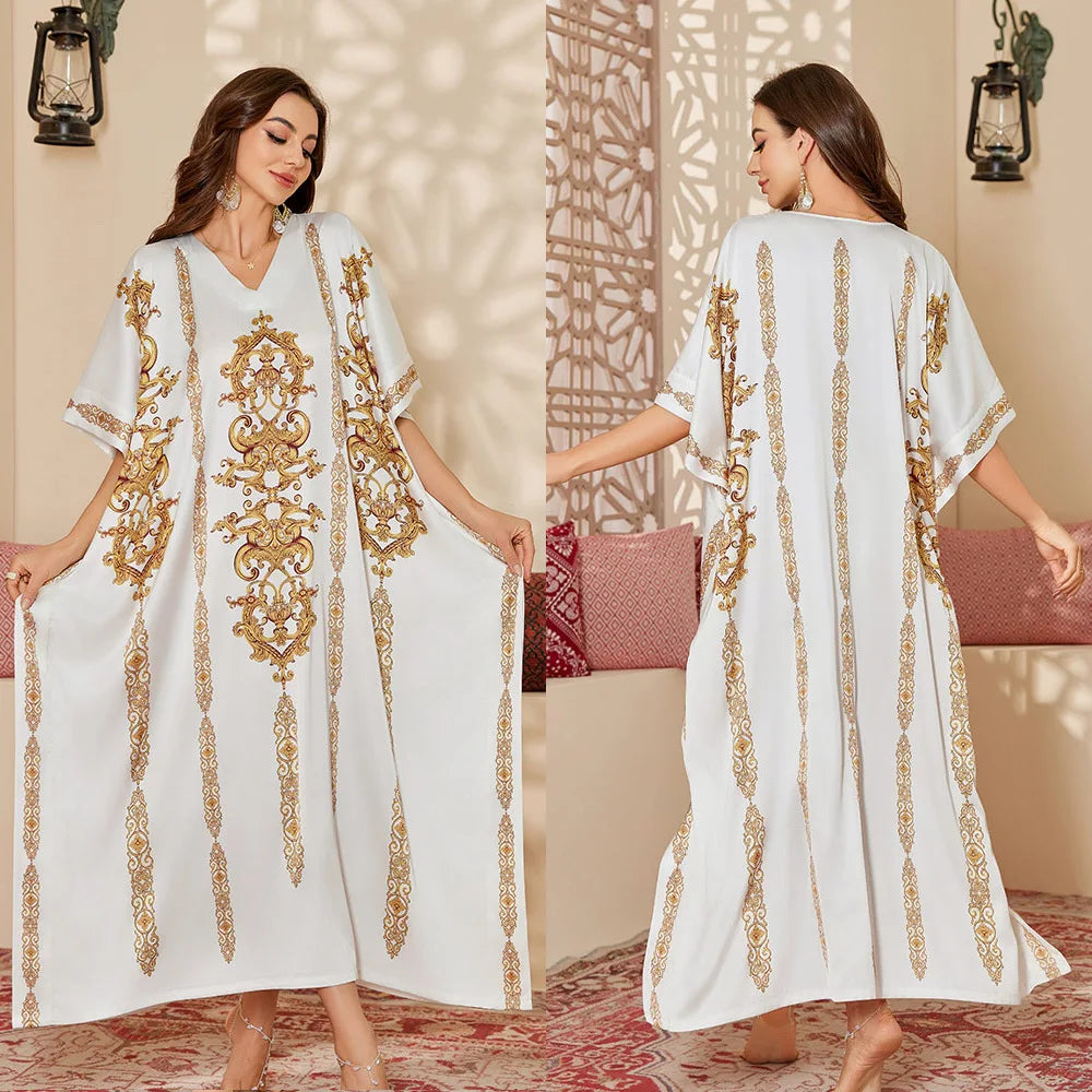 2026 New Satin Printed Abaya Women Traditional Islamic Clothing Long Robe Modest Muslim Dress