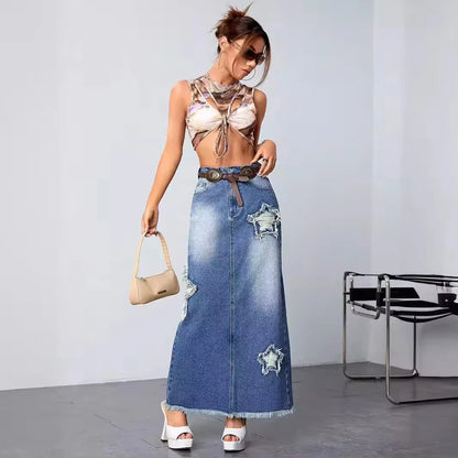 Retro High-waisted Denim Dress Starlet Tassel Pattern Design Long Skirt Lady Tight-fitting Hip Spice Skirt