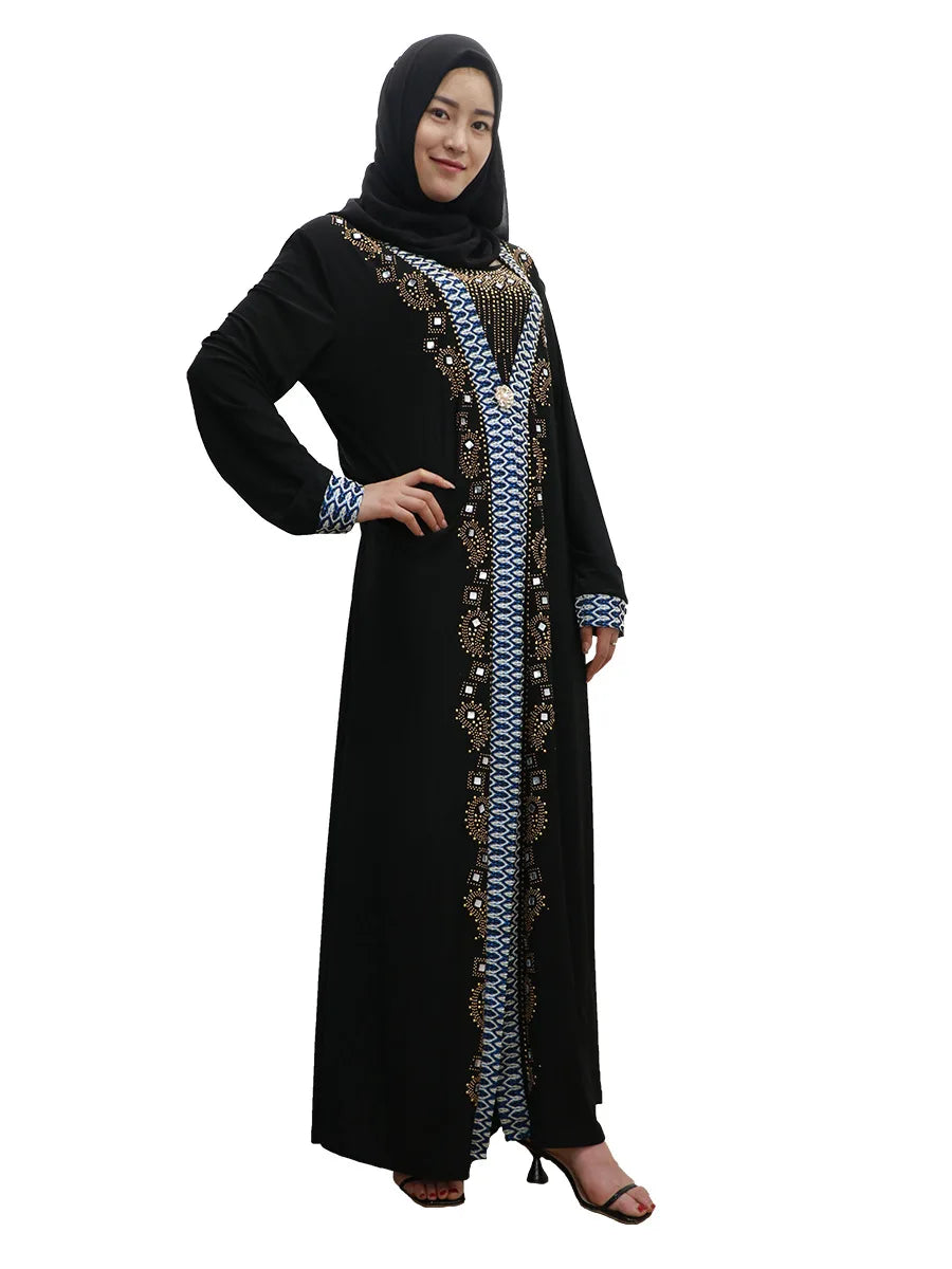 Wholesale Women Fashion Long Sleeve Pretty Diamond Muslim Islamic Dresses Cardigan Black Abaya (no Hat) Long Robe Dress