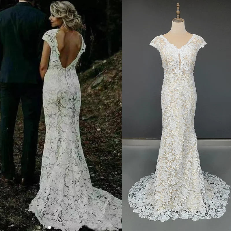9803#Sheath Wedding Dresses V Neck Cap Sleeves Sexy Backless Vestidos De Novia Mermaid Bride Dresses Bridal Gowns Wedding Dress