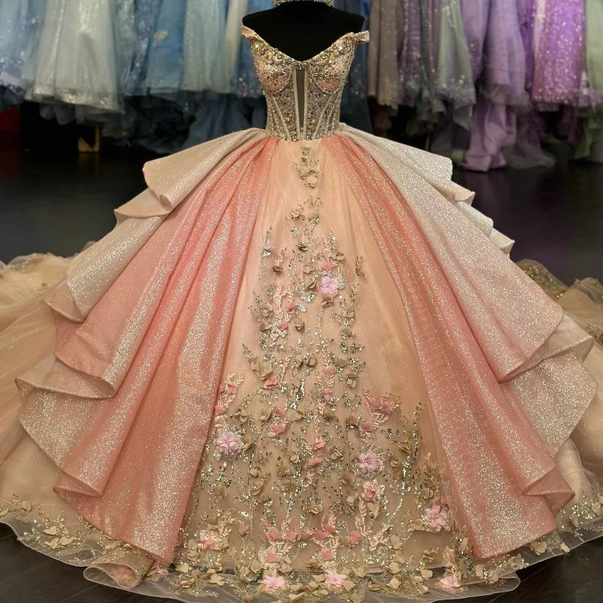 Mumuleo Classic Style Quinceanera Dress Champagne Pink Ball Gown Floral Lace Appliqued Plus Size Multi Colors Crystal