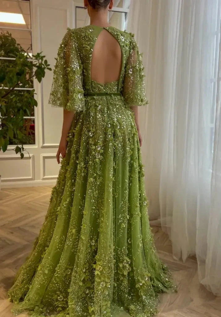 Sexy Plunging V-neck Green 3D Embroidered Flowers Evening Dress for Women Wedding Party Gowns SZ354