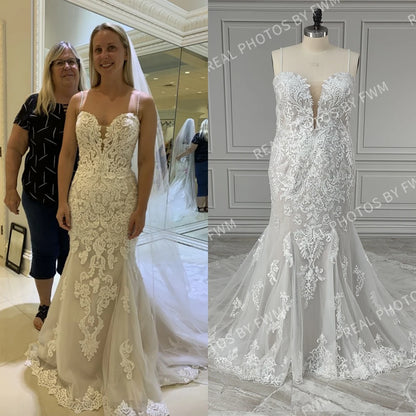 12886# Real Photos Spaghetti Straps Sweep Train Mermaid Wedding Dress Bridal Gown for Plus Size Women With Beading Sequined Lace