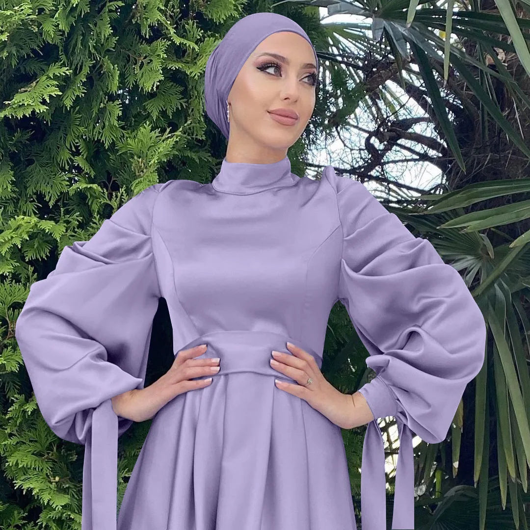 Enyami Satin Elegant Maxi Evening Dress Long Sleeves Abayah Islamic Clothing Muslim Women Dress With Head Scarf