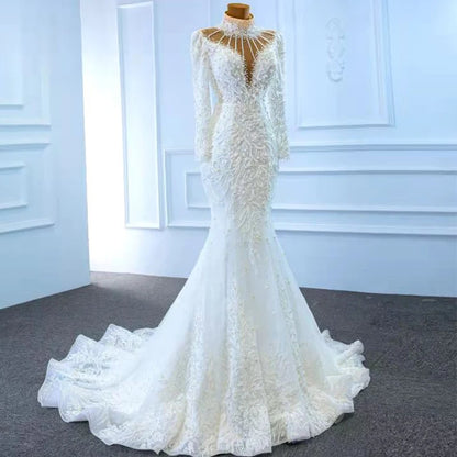 Jancember RSM67219 Luxury White Long Sleeve Mermaid Wedding Dress Bridal Gowns