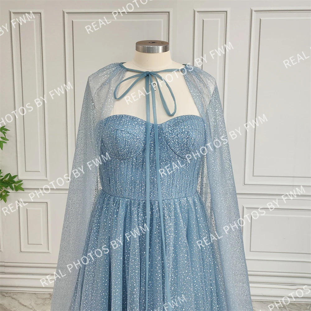 15165 Real Photos High Quality Two Piece Set Blue Strapless A-line Shiny Tulle Evening Dress for Plus Size Women Party Prom Gown