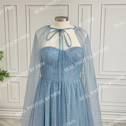 15165 Real Photos High Quality Two Piece Set Blue Strapless A-line Shiny Tulle Evening Dress for Plus Size Women Party Prom Gown