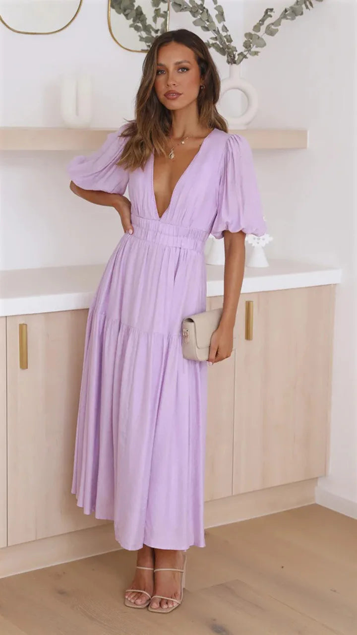 Women 2024 Puff Sleeve Deep V Neck Long Dresses Summer for Woman Sexy Green Women's Dress Summer Royal Blue