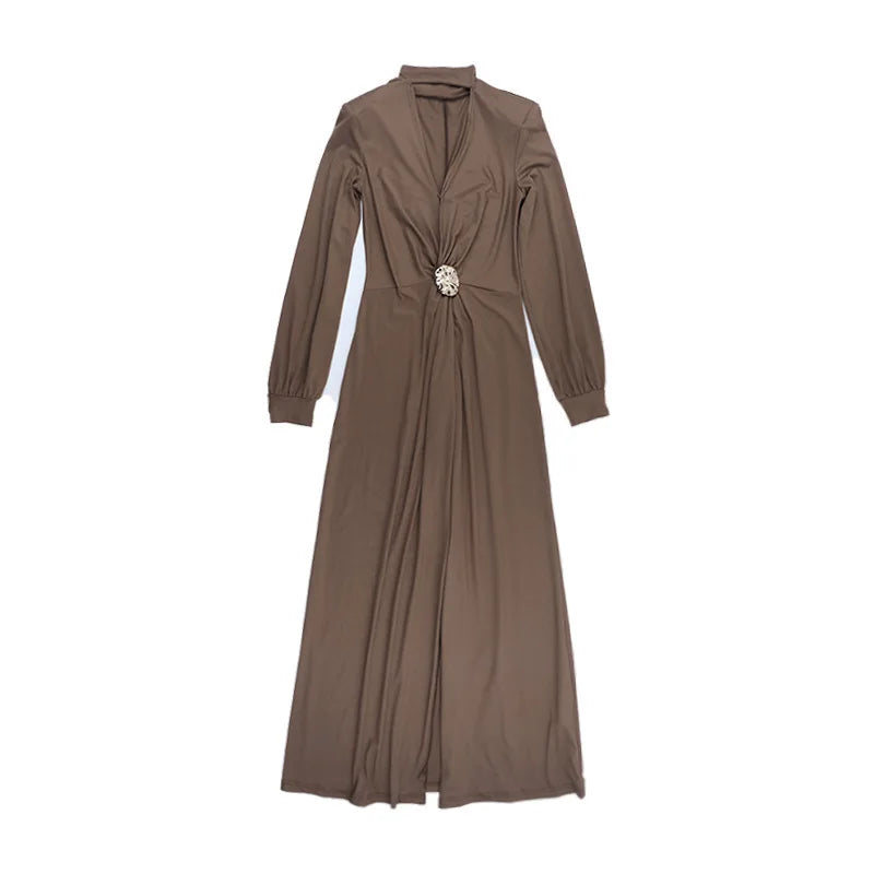 Cross-border Fashion Deep V High Split New Long Dress Pleated Design Sense Celeb Dress Dress