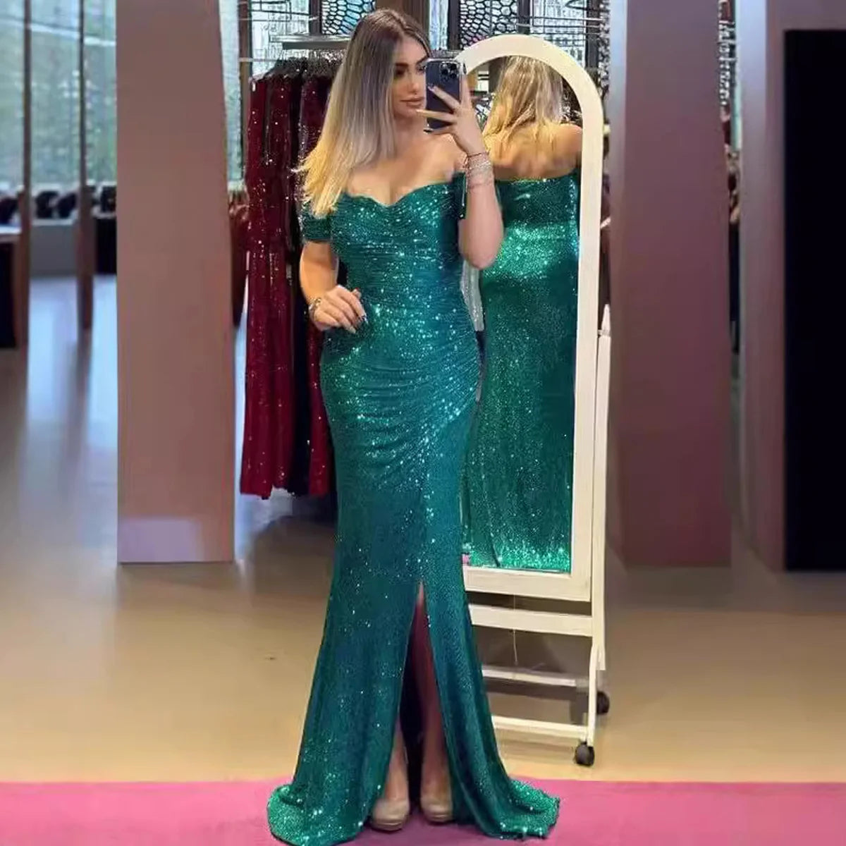 Women's Gold Mermaid Sequined Evening Party Dress Bling Prom Gown Off Shoulder Formal Wear for Summer Seasons Long Dress