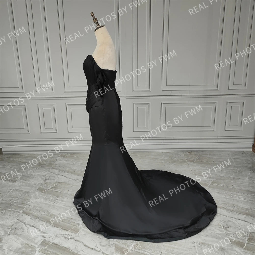 15521# Real Photos Simple Off Shoulder Pleat Mermaid Wedding Party Gown Evening Prom Dress for Women With Sweep Train