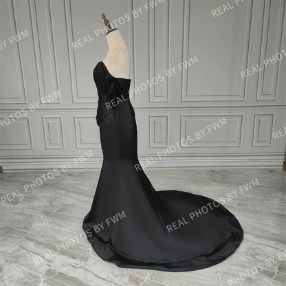 15521# Real Photos Simple Off Shoulder Pleat Mermaid Wedding Party Gown Evening Prom Dress for Women With Sweep Train