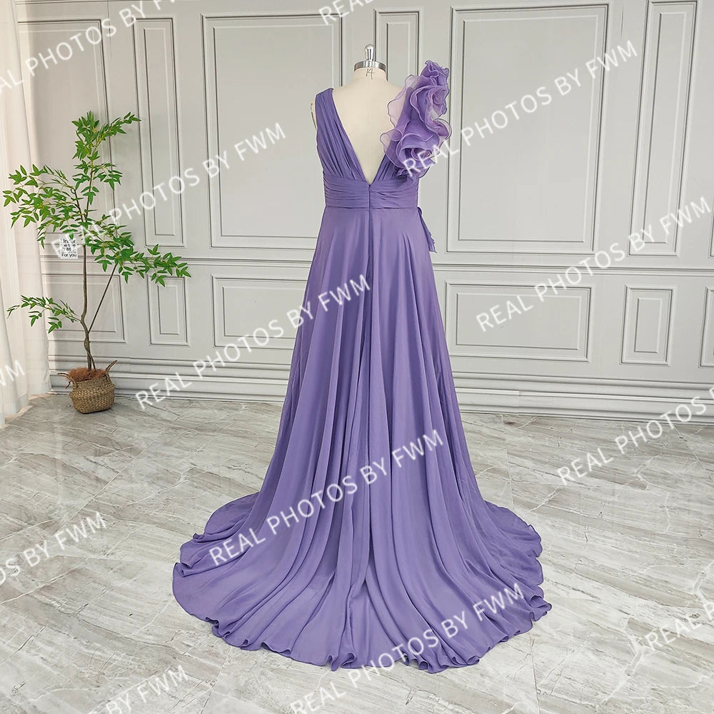 Real Photos High Quality Side Slit Ruffles Chiffon Evening Dress for Women Elegant Sleeveless Bridesmaid Dress