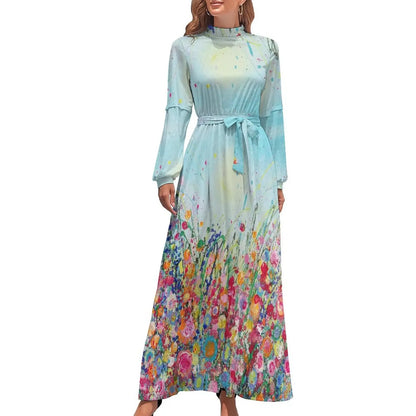 Print on Demand Wholesale Long Sleeve Women's Casual Dress Streetwear Floral Printed Elegant Maxi Dress for Woman