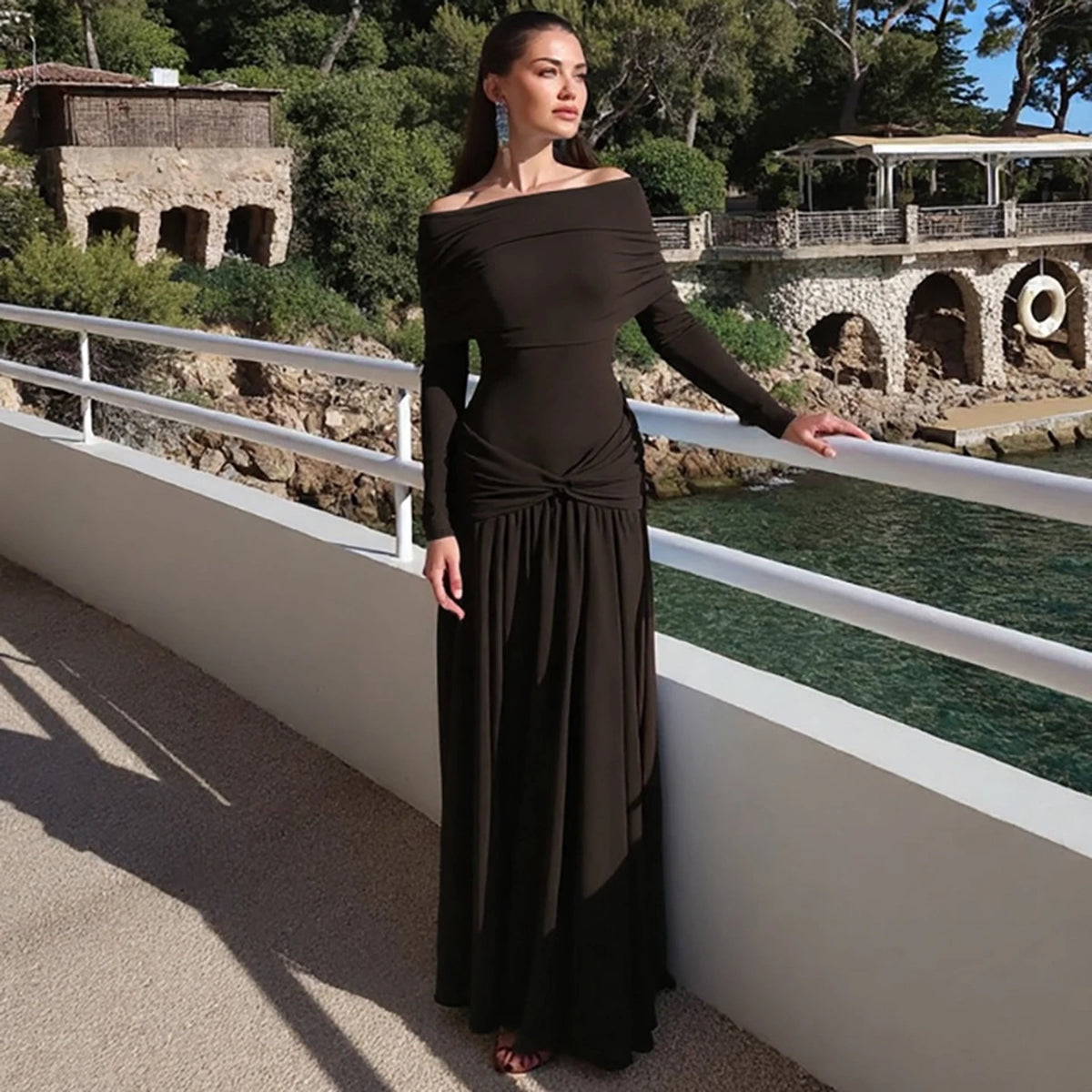 Elegant Casual Solid Color Eco-Friendly Breathable Washable Plain Dyed Maxi Loose Natural Waist Autumn Dress Shoulder Long