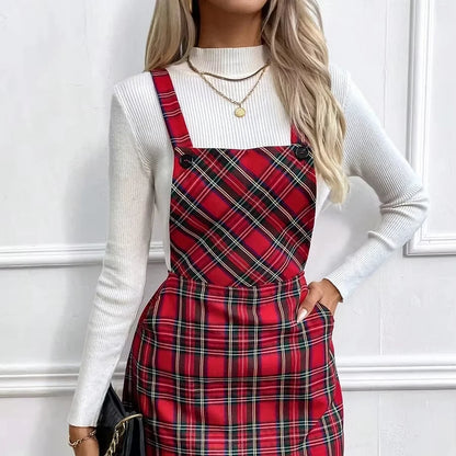 2026 New Women's Spring/Summer Mini Elegant Plaid Square Neck Sleeveless Striped Casual Breathable Natural Waist A-Line Pockets