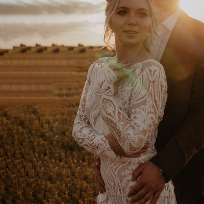 #10165 2 Pieces Long Sleeves Lace Rustic Wedding Dress Backless Vintage Beach Barn Ranch Plus Size Custom Made  Mermaid