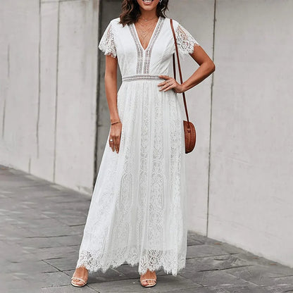 Casual White Lace Chiffon Maxi Dresses Elegant Outfit Party Wear Evening Gown Long Wedding Guest Dress Summer Clothes