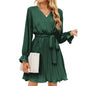 Elegant Casual V-Neck Pleated Mini Dress with Belt Women's Long Sleeve Fashion Dress Solid Pattern Natural Waistline