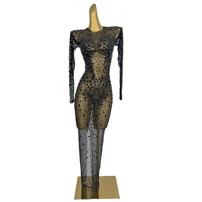 Elegant Long Sleeves Evening Gown Women Sexy Diamonds Birthday Party Bodycon Rhinestone Dress Cocktail Prom Long Dress Club Wear