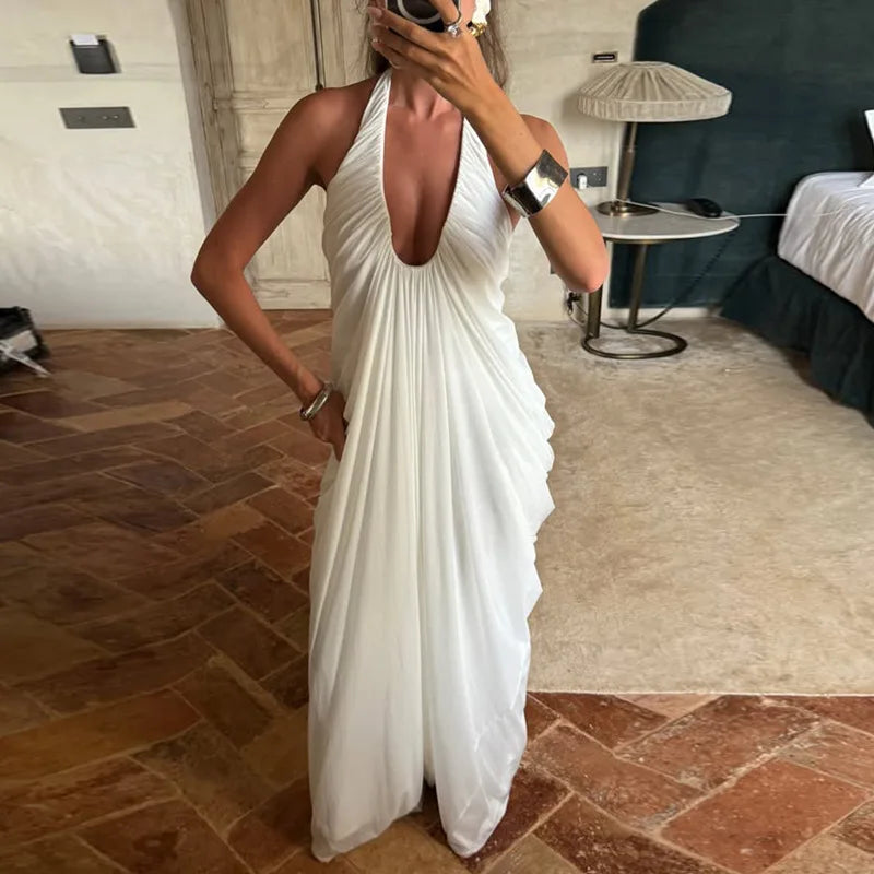 Sexy Halter Neck Backless White Mesh Casual Women Summer Maxi Dress Elegant Ladies Fashion Western Dresses 2026 New Arrivals