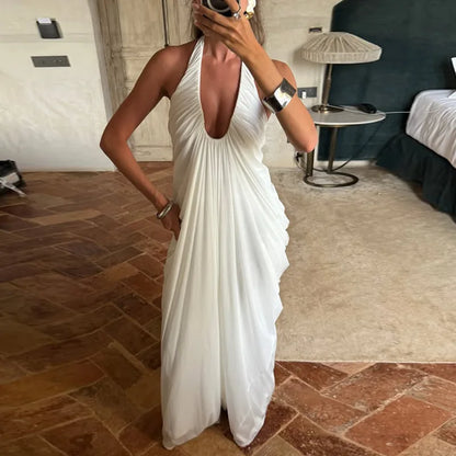 Sexy Halter Neck Backless White Mesh Casual Women Summer Maxi Dress Elegant Ladies Fashion Western Dresses 2026 New Arrivals