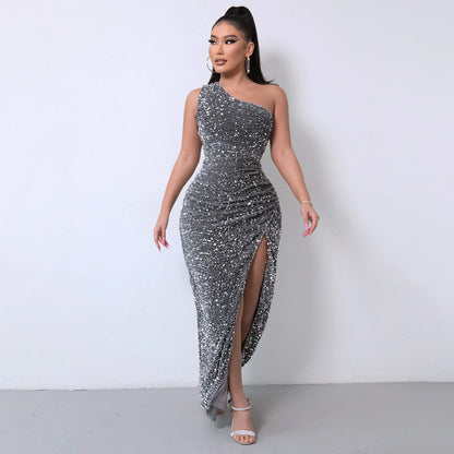 Liu Ming High End Sexy One Shoulder Backless Club Party High Split Sleeveless Elegant Sequin Long Bodycon Dress for Women