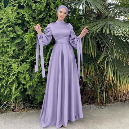 Enyami Satin Elegant Maxi Evening Dress Long Sleeves Abayah Islamic Clothing Muslim Women Dress With Head Scarf